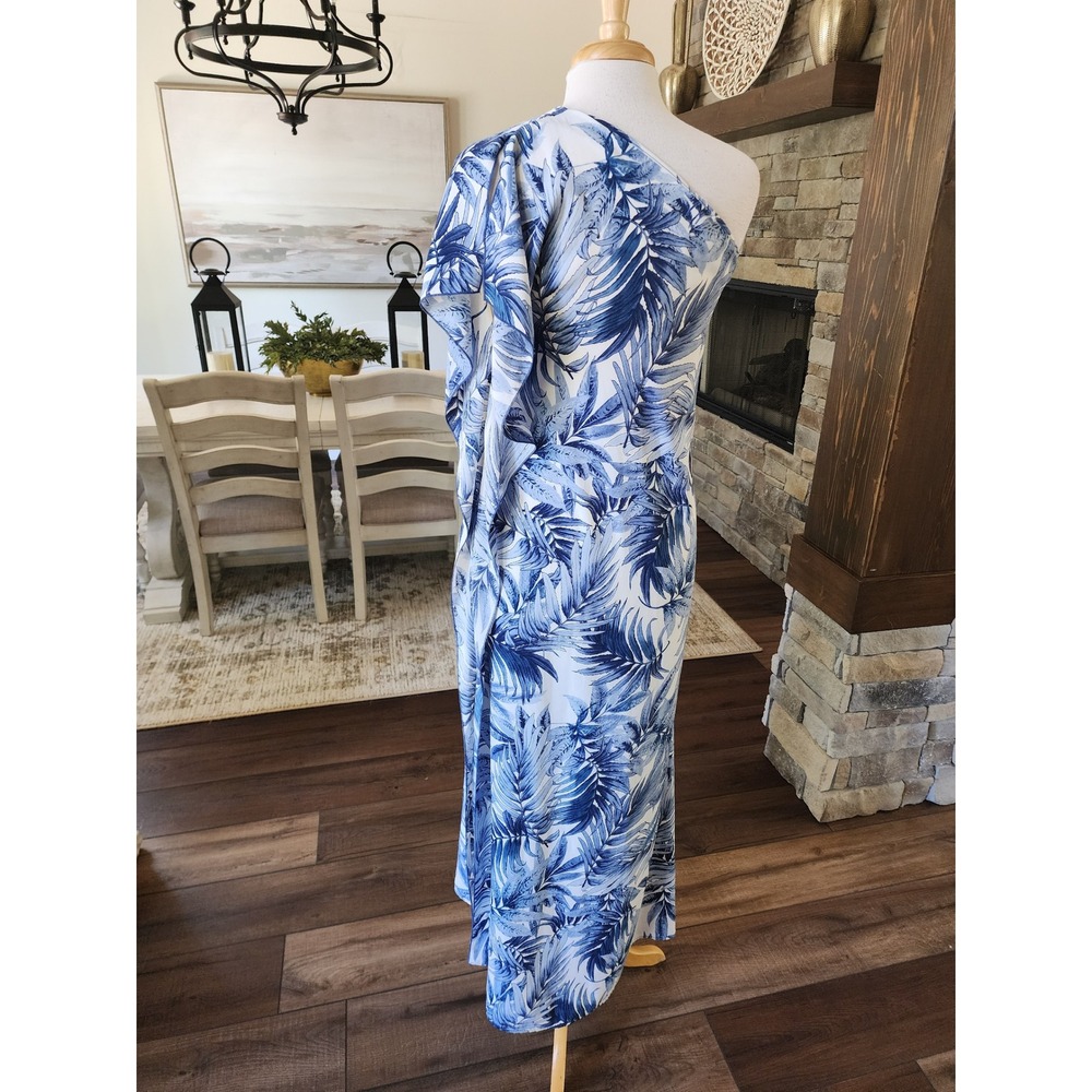 Harper Tyche Blue White Tropical Palm Leaf One Shoulder Maxi Dress Small - Picture 5 of 10